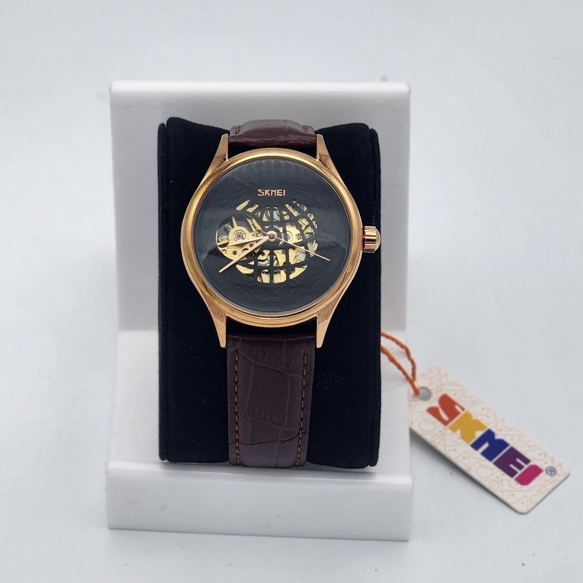 Skmei 9209 Quartz Automatic Skeleton Watch Brown Leather