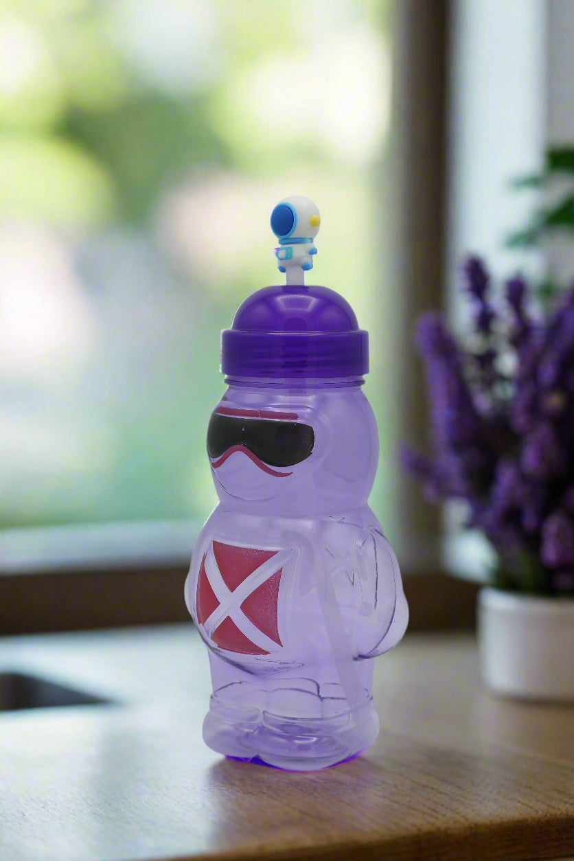 A purple plastic water bottle with a character design and a purple lid.