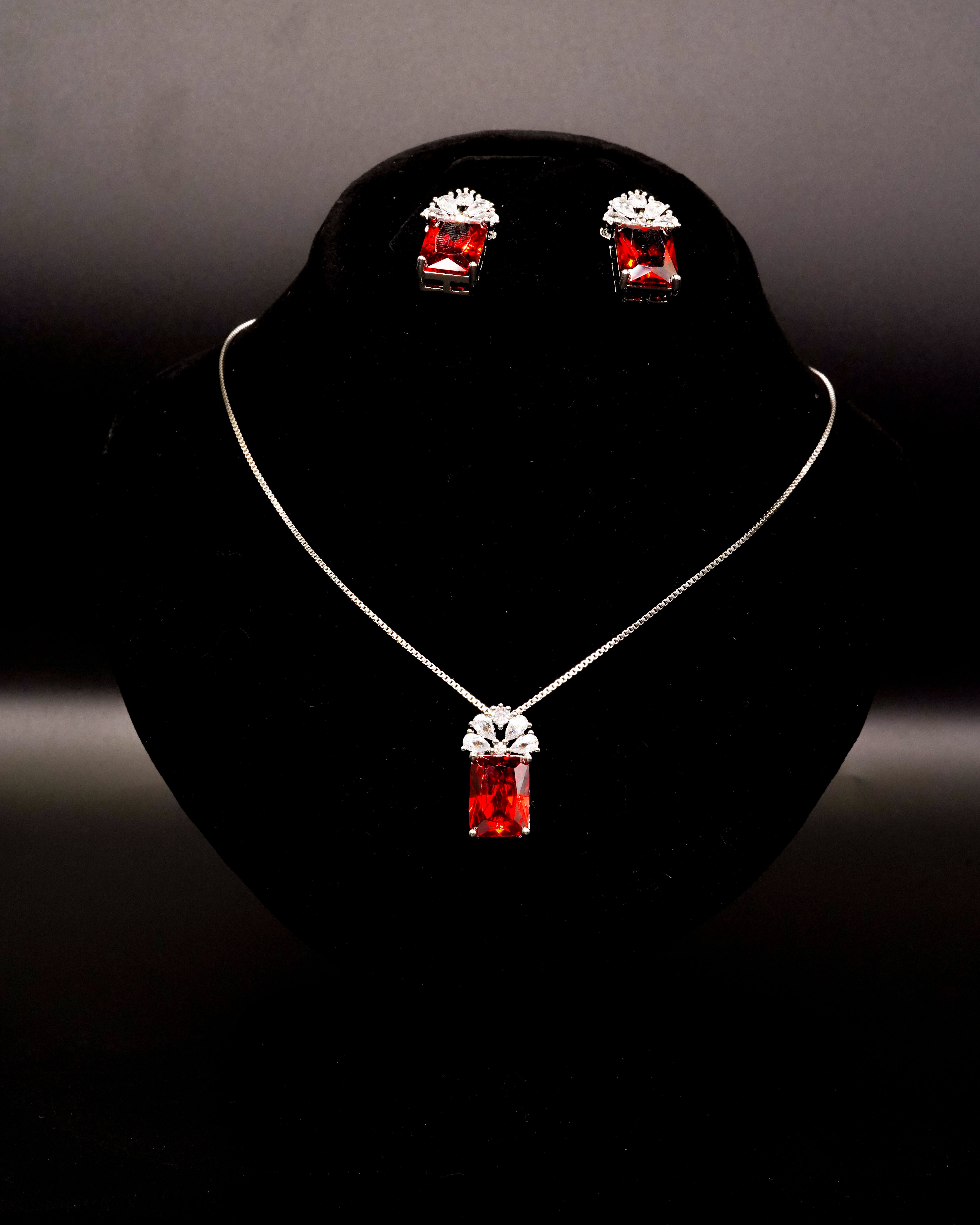 Ruby Stone Pendant Necklace with Earrings LS-11