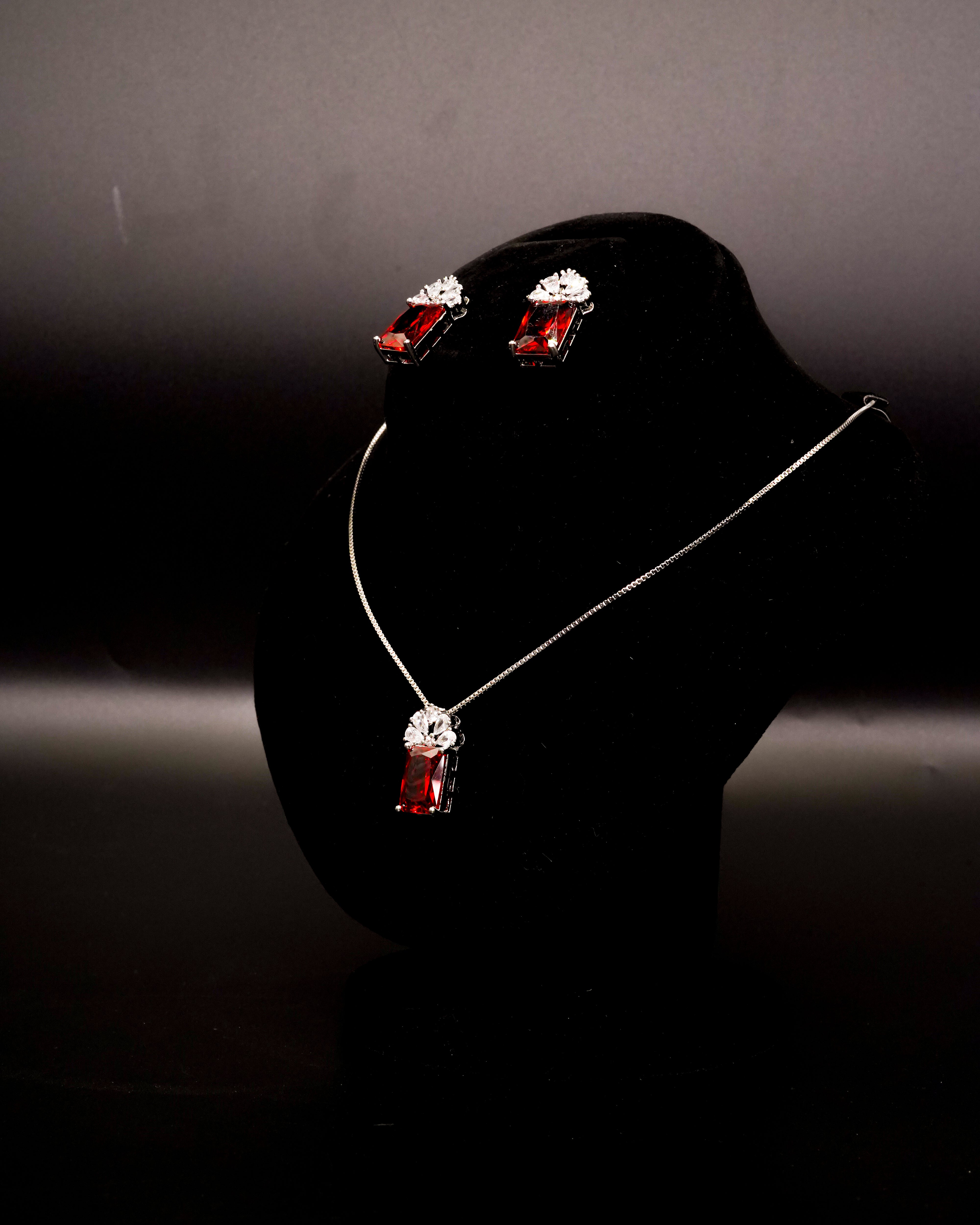 Ruby Stone Pendant Necklace with Earrings LS-11