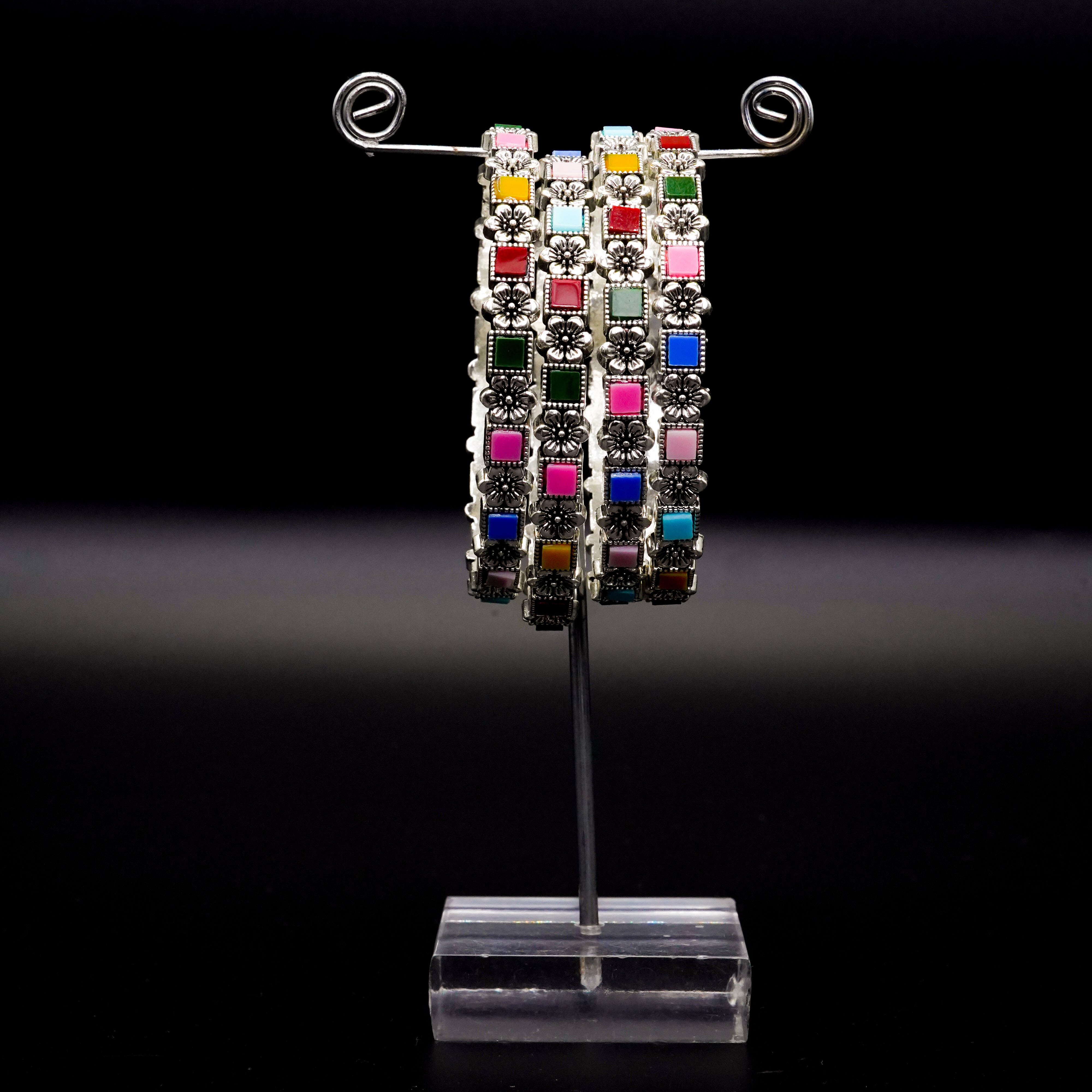 Multi Colour Square Stone  Bangles Silver Set B-01