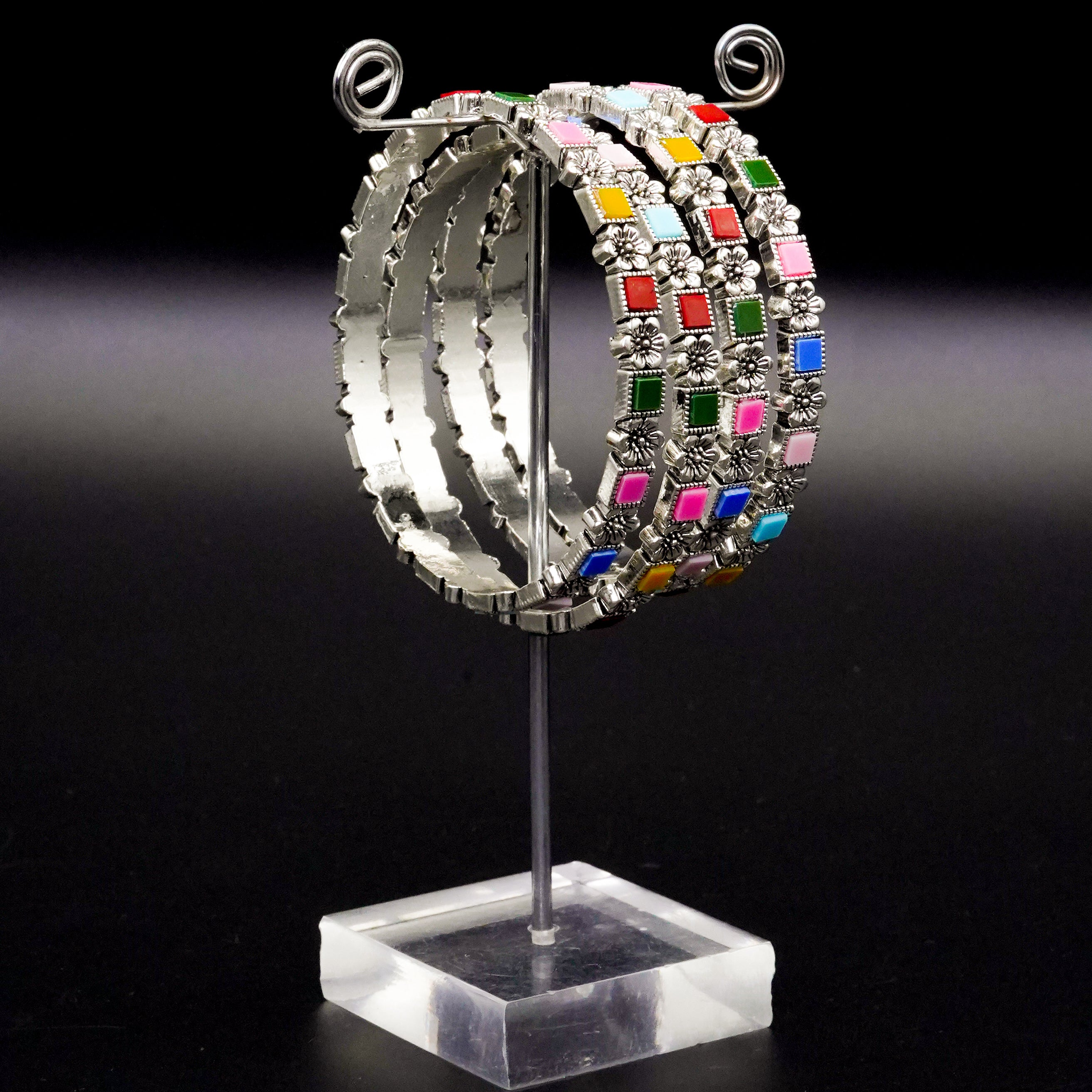 Multi Colour Square Stone  Bangles Silver Set B-01