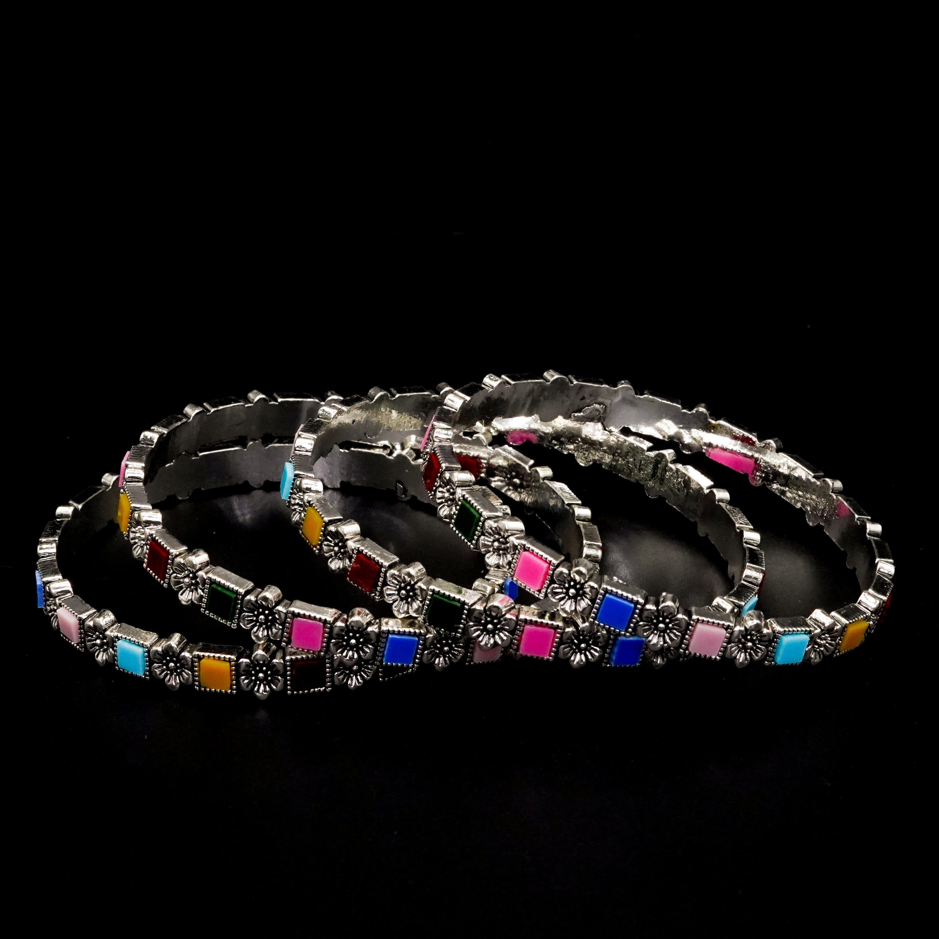 Multi Colour Square Stone  Bangles Silver Set B-01