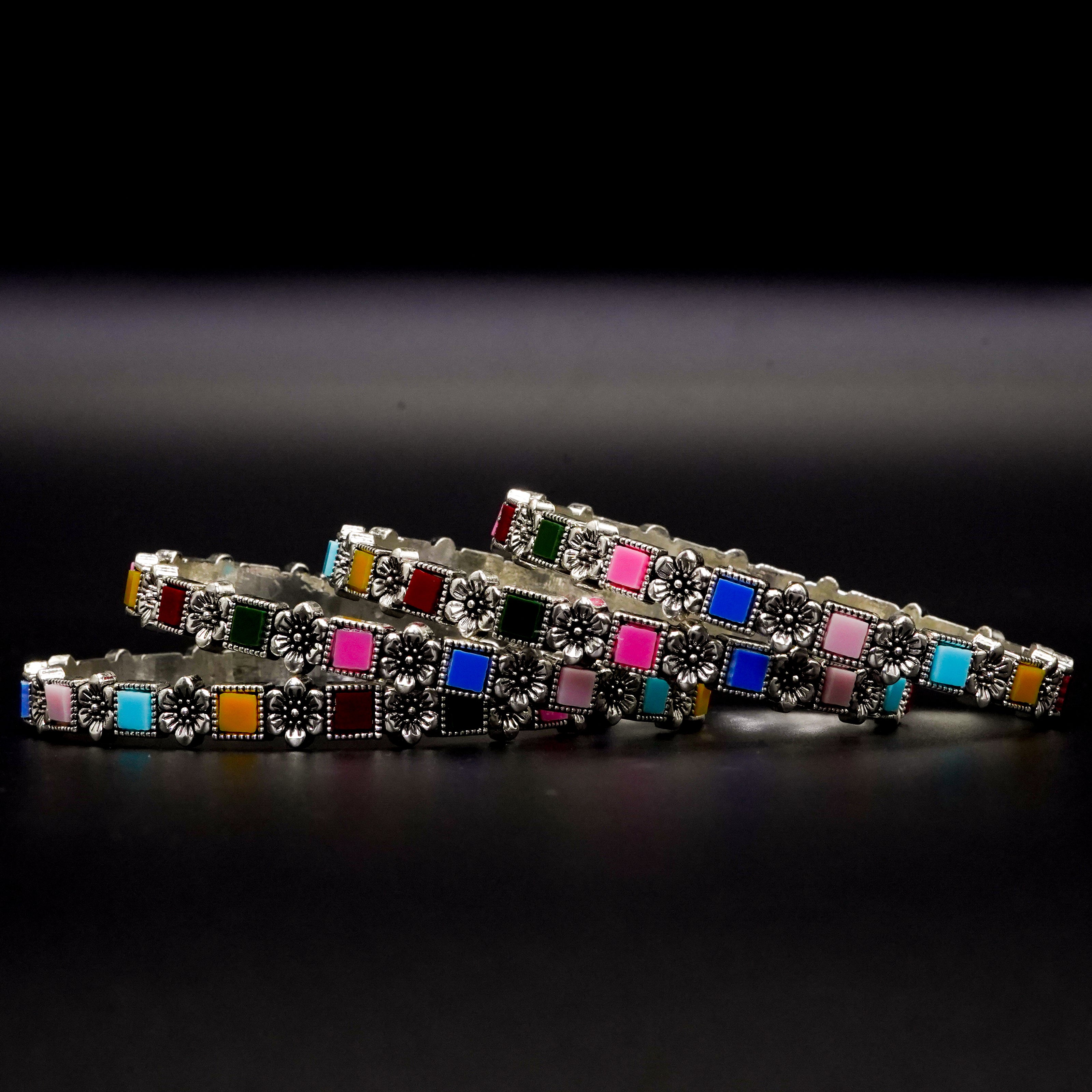 Multi Colour Square Stone  Bangles Silver Set B-01