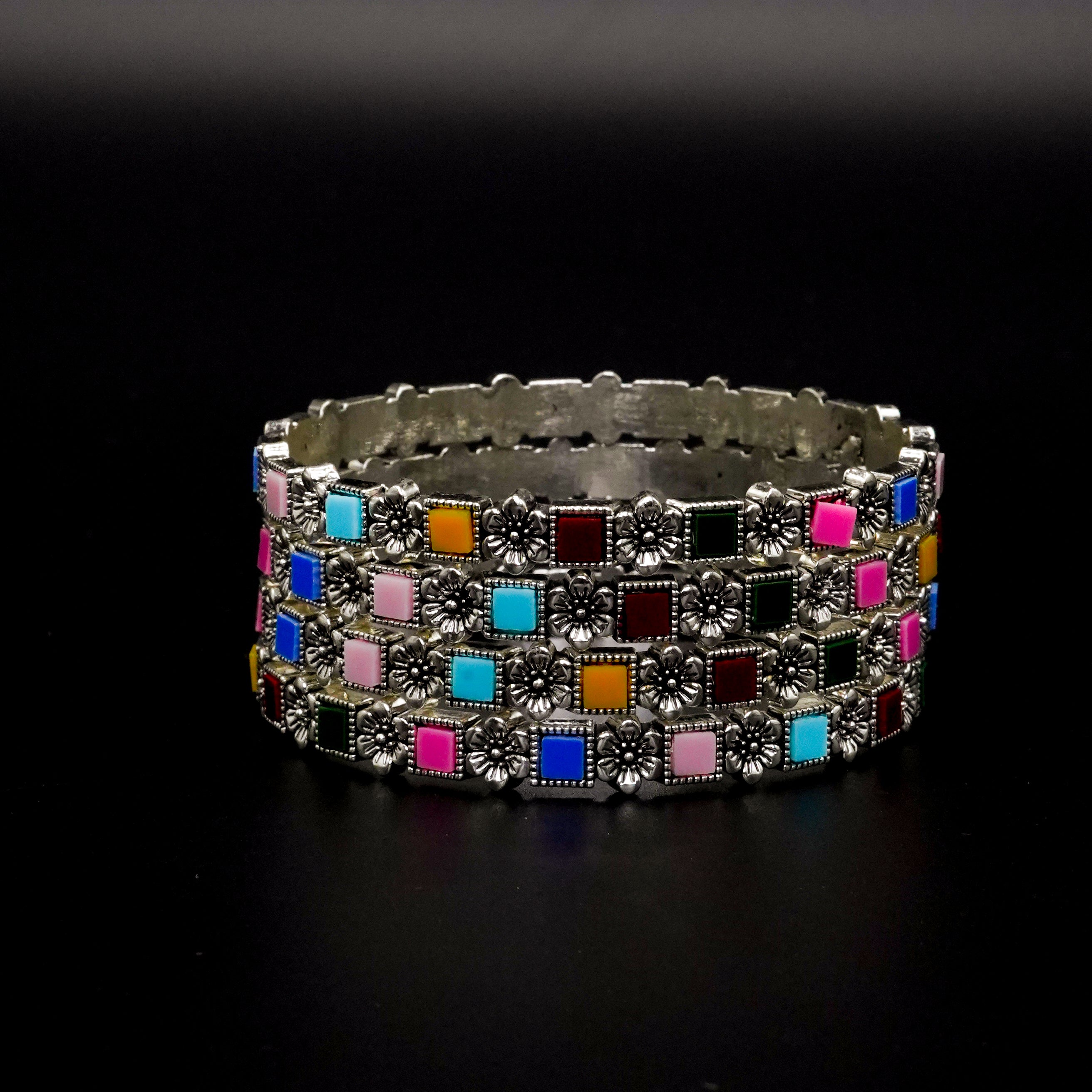 Multi Colour Square Stone  Bangles Silver Set B-01