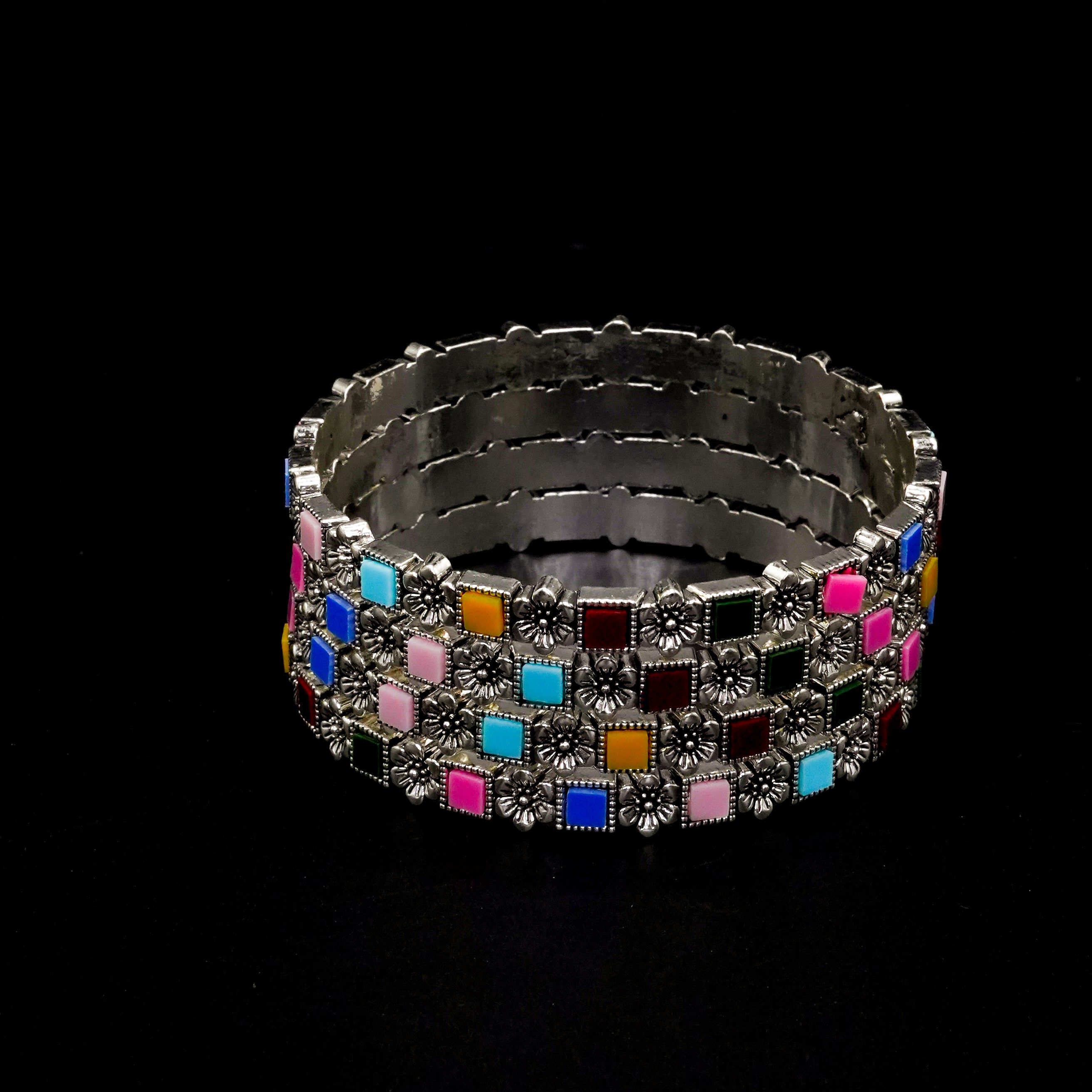 Multi Colour Square Stone  Bangles Silver Set B-01