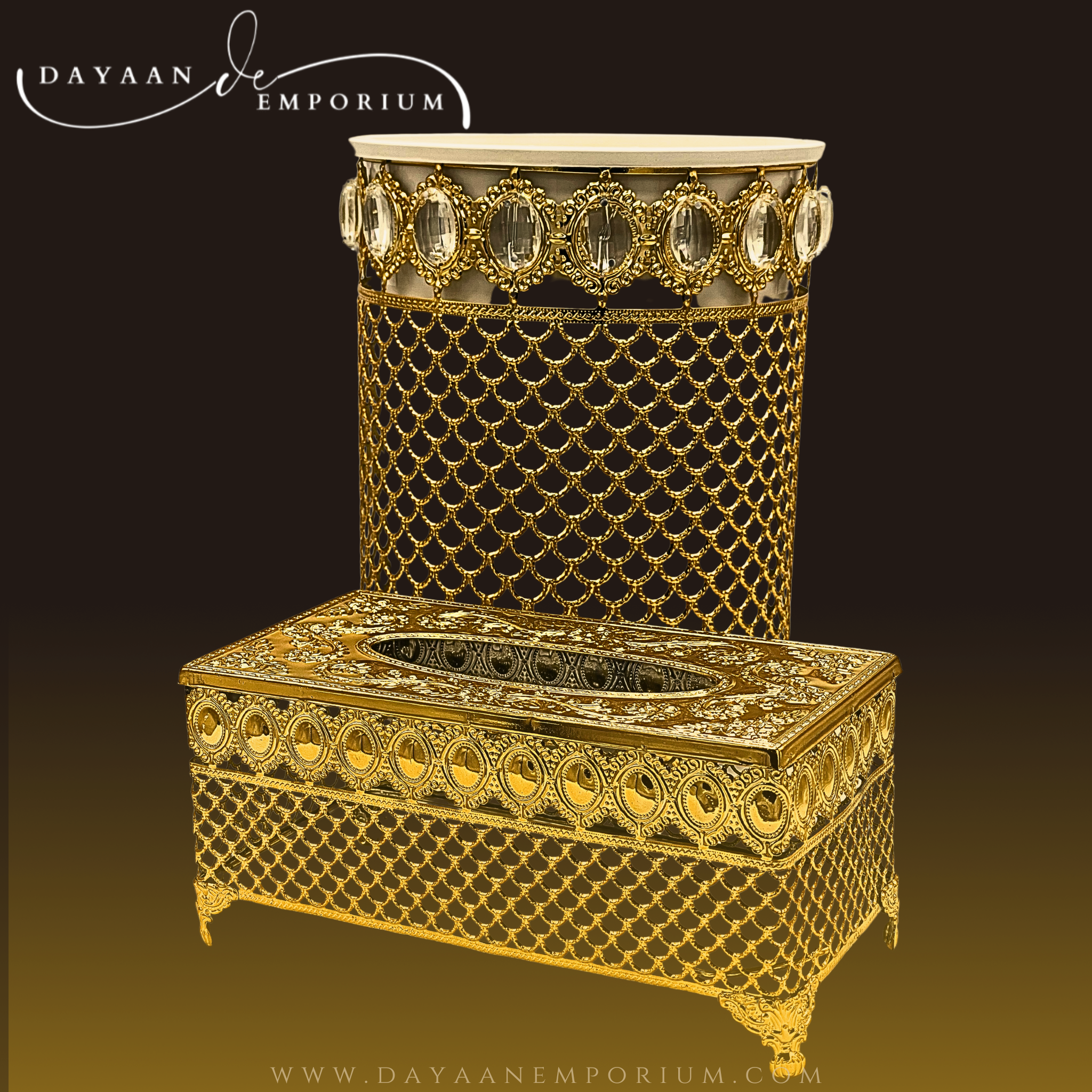 Gold Fancy Plated Crystals Dustbin and Tissue Box Set CH 16